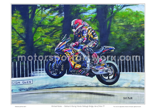 Autographed Michael Rutter at Ballaugh Bridge limited edition print by Jeff Rush